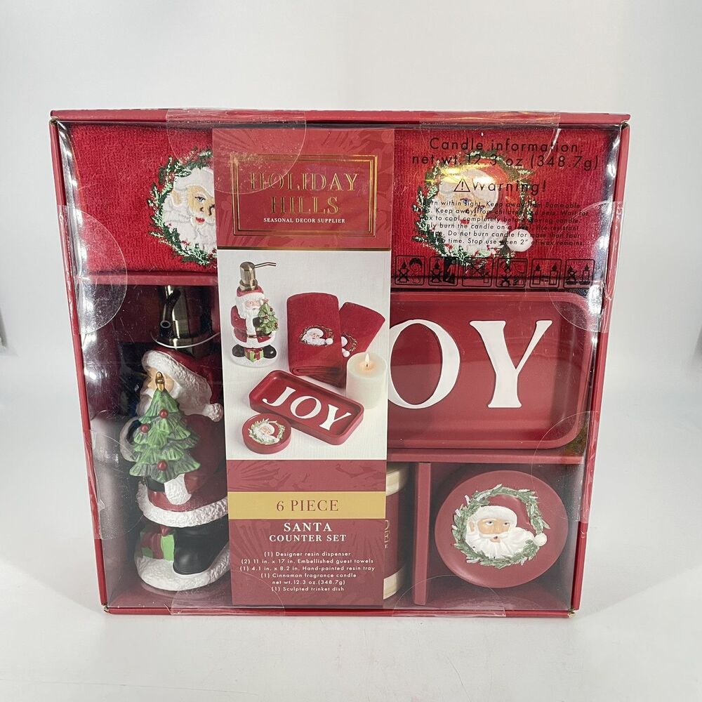 Holiday Hills Santa 6 Piece Christmas Bathroom Countertop Decor Set NEW